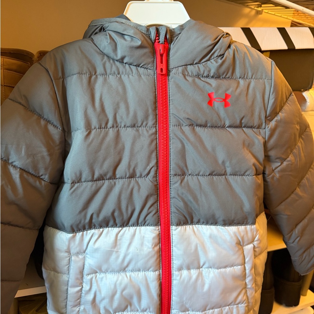Under Armour Grey and Light Grey Hooded Puffer Jacket with Red Logo